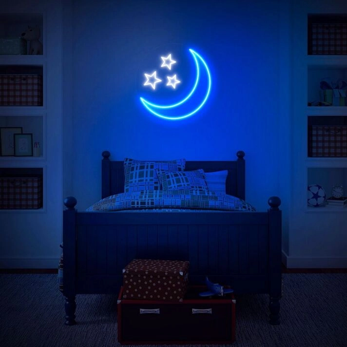 Blue Moon Stars The Night Is Alright Neon Sign for Whimsical and Fun Spaces