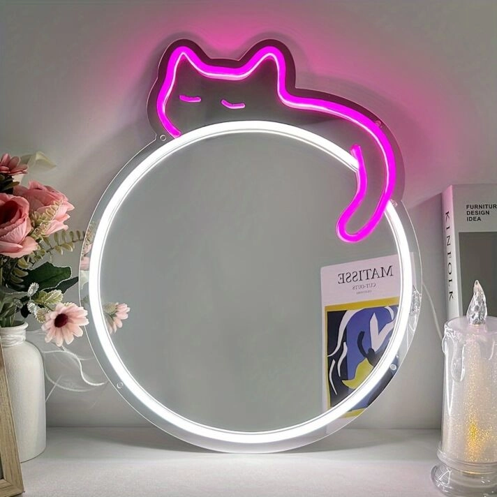Brighten Up Your Space: Perfect for Bedroom, Living Room, or Home Office - Cat Mirror LED Neon Sign Light