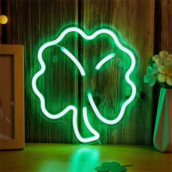Brighten Your Bar, Office, or Wedding in Style with the Clover Shape Green LED Neon Sign.