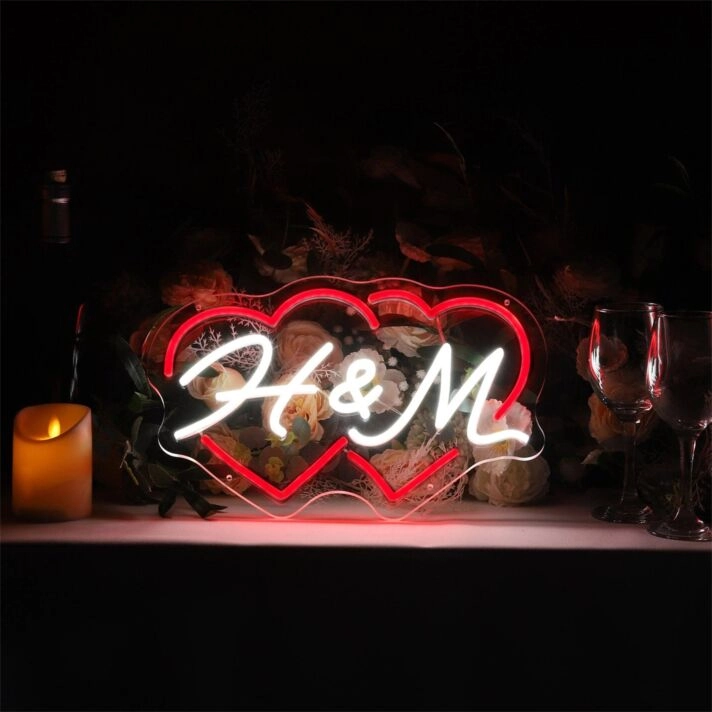 Customize a Romantic Touch to Weddings, Anniversaries, and Home Decor with the Couple Initials Heart Shapes H M Personalized LED Neon Sign.