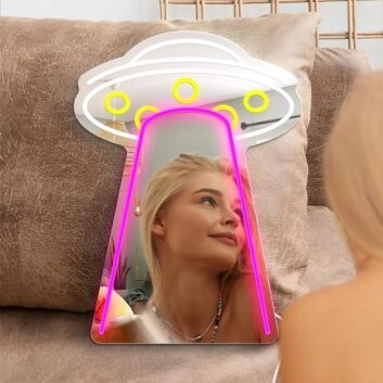 Transform your space into a vibrant haven for parties, weddings, and cozy evenings with the Cosmic Frisbee Styling Neon Mirror Sign.