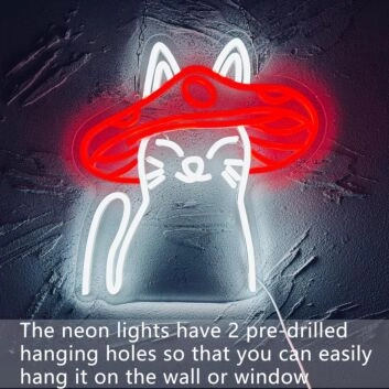 Brighten Your Space: Cute Cat Wearing Red Mushroom Hat Neon Sign for Home Decor, Kids&#039; Rooms, and Quirky Cafes.