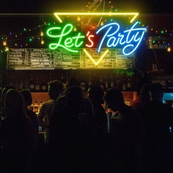 Brighten Up Celebrations and Decor: Lets Party Word Triangle Neon Sign for Bars, Weddings, and Home Gatherings.