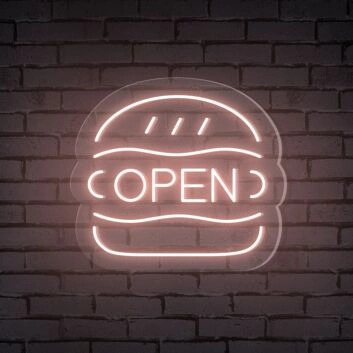 Brighten Up Your Burger Shop, Bar, or Food Truck Ambiance with the Open Word Neon Sign.