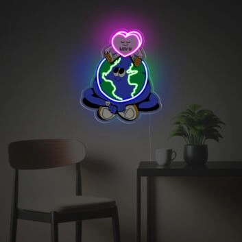 Brighten Up Your Space: Perfect for Weddings, Bars, and Home Decor with Pinky Heart Sitting On The Earth Guy LED Neon Acrylic Artwork.