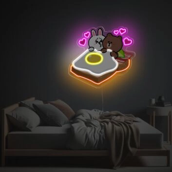 Brighten Up Your Nursery, Playroom, or Bedroom with the Whimsical Charm of Rabbit And Bear Sleeping On The Bread LED Neon Acrylic Artwork.