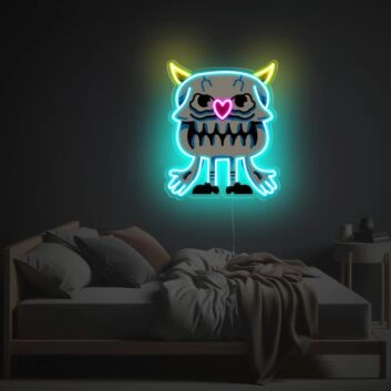 Brighten Your Bar, Office, or Halloween Decor with Skullful Guy With Yellow Corns And Heart Nose LED Neon Acrylic Artwork.
