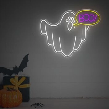 Transform any space into a spooky delight with the Halloween Ghost With Boo Text Bubble LED Neon Sign, perfect for home decor, themed events, bars, and store windows.
