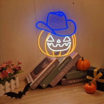 Brighten Your Halloween Festivities and Theme Parties with the Halloween Smiling Pumpkin With Cowboy Hat LED Neon Sign.