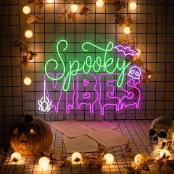 Transform your Halloween celebration and haunted house attraction with the Halloween Spokey Vibes With Bat And Skull LED Neon Sign.