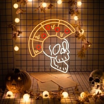 Light Up Your Bar, Game Room, or Kitchen with the Exclusive Pizza Skull LED Neon Sign.
