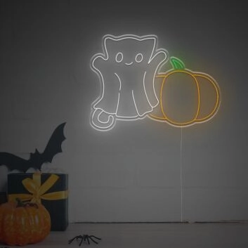 Add a Spooky Twist to Your Halloween Decor and Celebrations with the Pumpkins Cat Ghost LED Neon Sign.