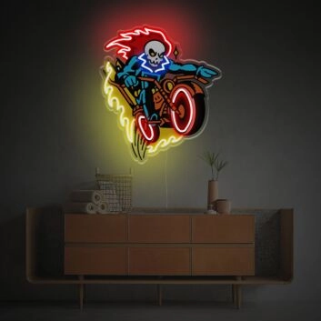 Elevate Your Bar, Man Cave, or Motorcycle Shop Ambiance with Grim Reaper Driving Heavy Motorcycle LED Neon Acrylic Artwork.
