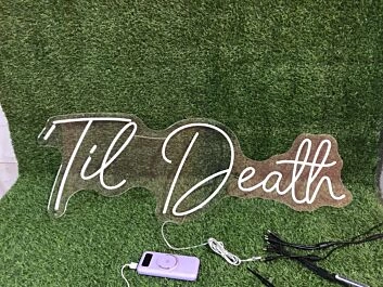 Brighten Your Wedding, Bar, and Home with the Unique Glow of the Yellow Til Death LED Neon Sign.
