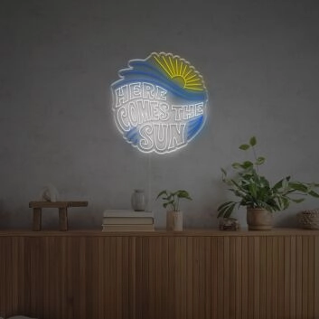 Brighten Your Beach House, Bar, or Wedding Venue with the "Here Comes The Sun With Wave" LED Neon Sign.
