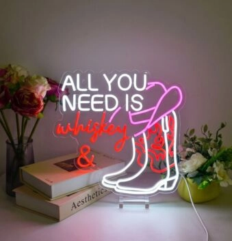 Elevate your bar or man cave ambiance with the All You Need Is Whiskey And Cow Boy Boost LED Neon Sign.