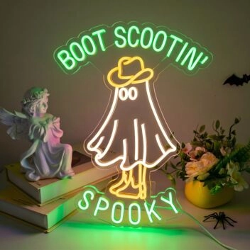 Light Up Your Halloween Festivities and Theme Parties with the Boot Scootin Spooky LED Neon Sign for Home, Bar, and Event Decorations.