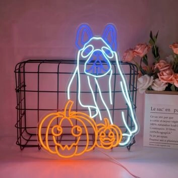Brighten Up Your Home, Bar, or Halloween Bash with the French Bulldog Ghost With Pumpkin LED Neon Sign.