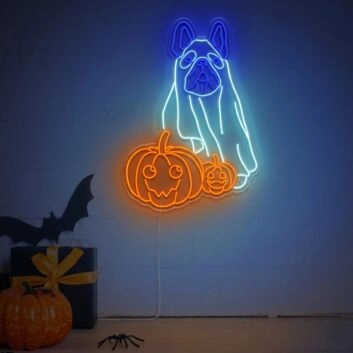 Brighten Up Your Home, Bar, or Halloween Bash with the French Bulldog Ghost With Pumpkin LED Neon Sign.