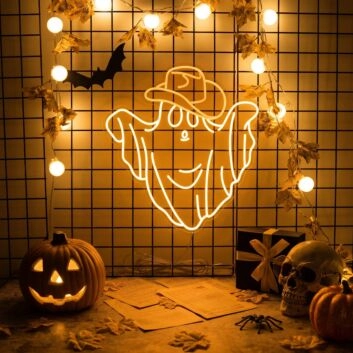 Add a Playful Western Glow to Your Bar, Game Room, or Halloween Event with the Ghost With Cowboy Hat And Boots LED Neon Sign.