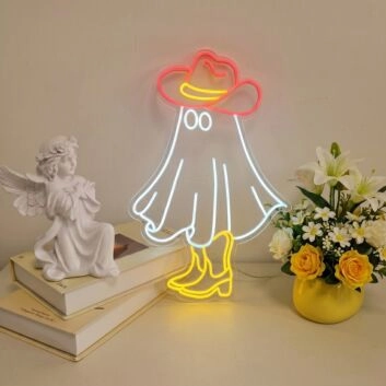 Brighten Up Your Space: Ghost With Cowboy Hat LED Neon Sign Perfect for Home Decor, Offices, Stores, Bars, and Themed Events