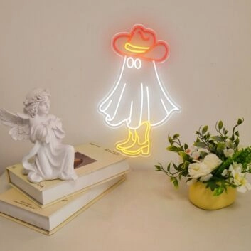 Brighten Up Your Space: Ghost With Cowboy Hat LED Neon Sign Perfect for Home Decor, Offices, Stores, Bars, and Themed Events