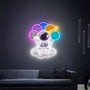 Light Up Your Space Adventures: Astronauts Sitting On Cloud Space UV Neon Sign Perfect for Kids’ Rooms, Home Offices, and Sci-Fi Themed Parties.