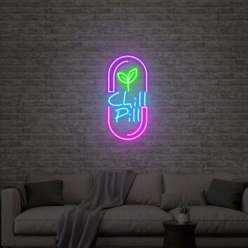 Brighten Up Your Space: Chill Pill Acrylic Artwork Neon Sign for Office, Bar, and Wedding Ambiance