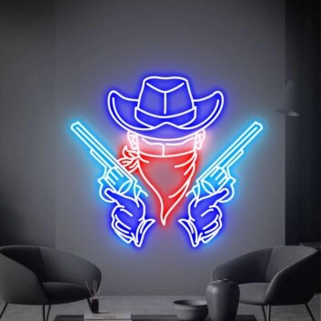 Brighten Up Your Space: Perfect for Bars, Home Decor, and Wild West Theme Parties - Cowboy With Double Double Gun Neon Sign.