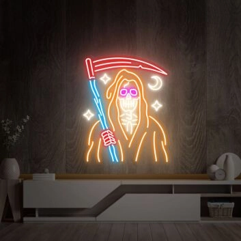 Brighten Up Your Game Room and Halloween Party with Grim Reaper Skeleton Neon Sign, Perfect for Home Decor, Bars, and Death-Themed Events.