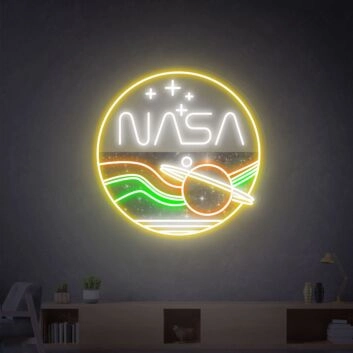 Brighten Up Your Space: Nasa Round Handcrafted Led Neon Sign, Perfect for Office Decor, Bars, Weddings, and Parties - An Amazing Unique Gift.