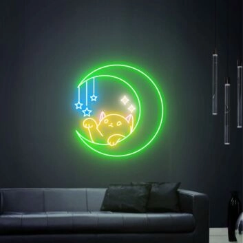 Brighten Your Space: Cat And Moon Bedroom Decor Animal Lover Led Neon Sign Perfect for Home, Office, and Wedding Settings