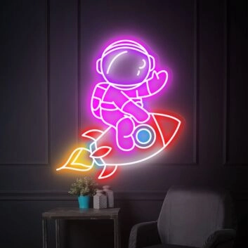 Transform Your Space: Rocket Astronaut LED Neon Sign for House Wall Art, Perfect for Bedrooms, Gaming Rooms, and Sci-Fi Themed Parties.