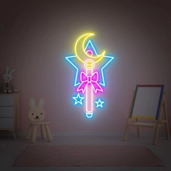 Transform Your Space into a Magical Realm: Sailor Moon Magic Stick - Moon Stick Bedroom Wall Decor LED Neon Sign Perfect for Home, Office, and Theme Parties.