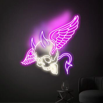 Brighten Up Your Space: Skull Head With Wings Neon Lights Sign Handmade Artwork - Perfect for Home Decor, Bars, and Edgy Office Settings.