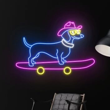 Brighten Up Your Space: Cowboy Dachshund Skateboarding Led Neon Sign - Perfect for Home Decor, Bars, and Party Ambiance.