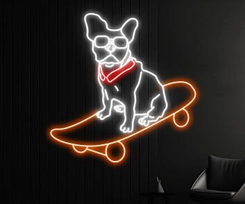 Brighten Your Bar, Home, or Skate Shop with the Playful Cute Dog Skateboarder Led Sign Bulldog Led Neon Sign.