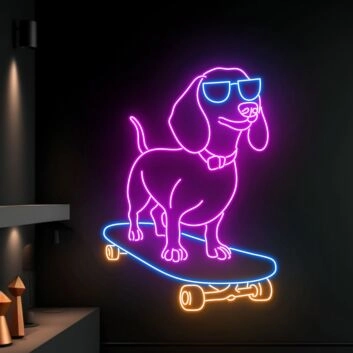 Brighten Up Your Home, Office, or Skate Shop with the Cute Dog Skateboarder Led Sign Dachshund Neon Light in Purple - Perfect for Room Decor, Store Displays, and Themed Parties.