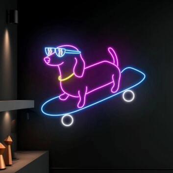 Brighten Your Space: Cute Dog Skateboarder Led Sign Dachshund Neon Light, Perfect for Home Decor, Offices, and Pet Shops.