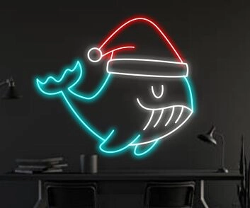 Whale Fish Christmas Hat Led Neon Sign Whale Fish Christmas Led Sign Christmas Neon Sign