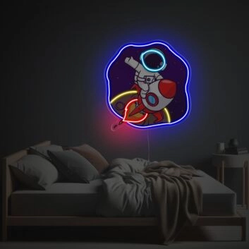 Astronaut Escaping The Moon With Rocket LED Neon Acrylic Artwork