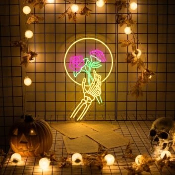 Skull Hand Holding Roses LED Neon Sign