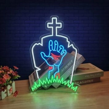 Gravestone Zombie Hand Neon Sign