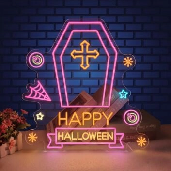 Pink Halloween Coffin Cross Neon Sign