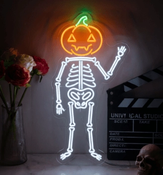 Skeleton with Pumpkin Head Neon Sign