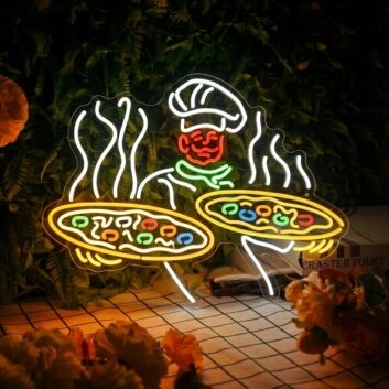 A Chef With Two Plates Of Pizza Neon Sign