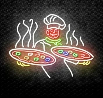 A Chef With Two Plates Of Pizza Neon Sign