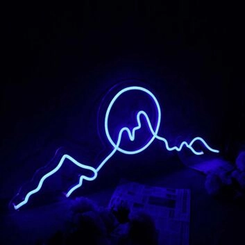 Silhouette Of Mountains And Sun Blue Neon Sign
