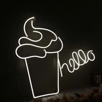 Hello With Ice Cream White Neon Sign