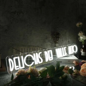 Delicias Del Valle Alto White Neon Sign